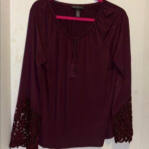 INC BRAND DARK MAROON BLOUSE 2 TASSEL CLOSURE L/S CUFF HAS MAROON VELOUR DESIGN